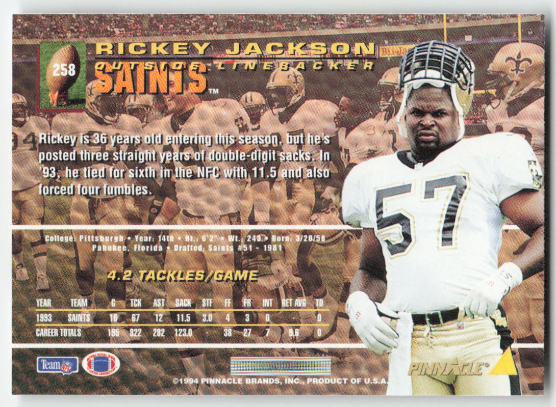 1994 Pinnacle #258 Rickey Jackson New Orleans Saints FB1-333