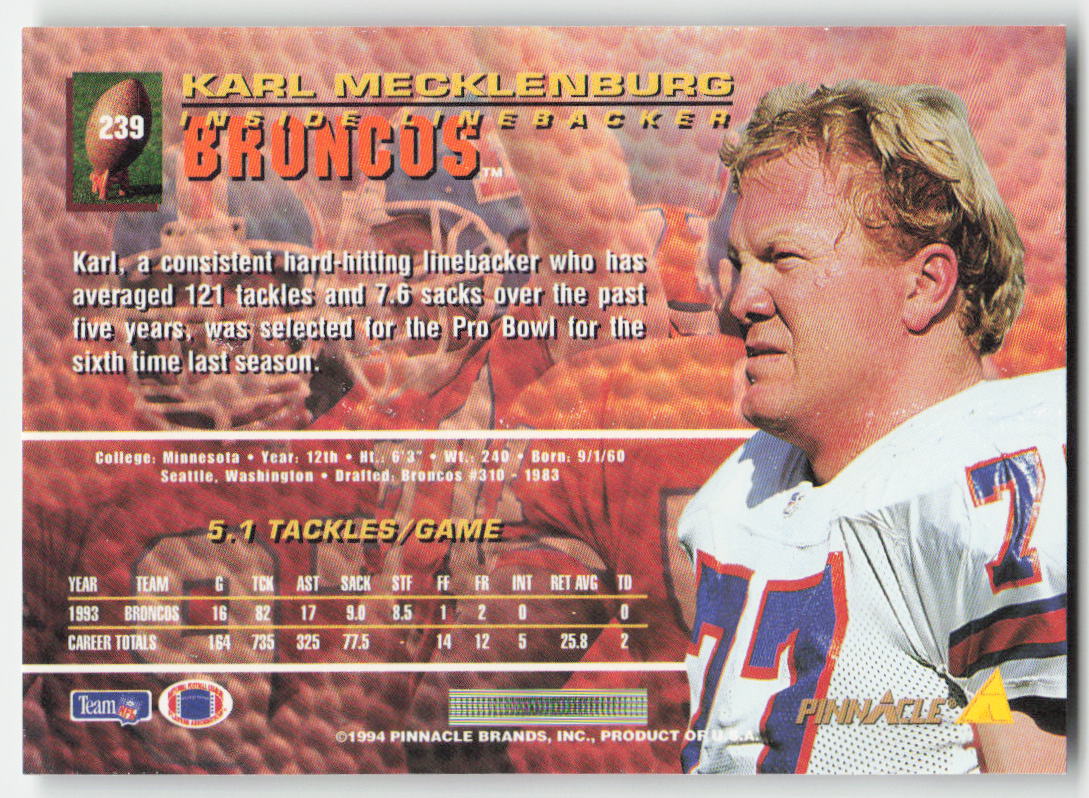 1994 Pinnacle #239 Karl Mecklenburg Denver Broncos FB1-336