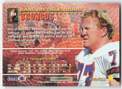 1994 Pinnacle #239 Karl Mecklenburg Denver Broncos FB1-336