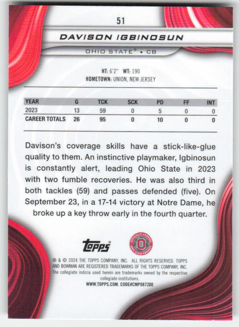 2024 Bowman University Best #51 Davison Igbinosun Ohio State Buckeyes FB1-345