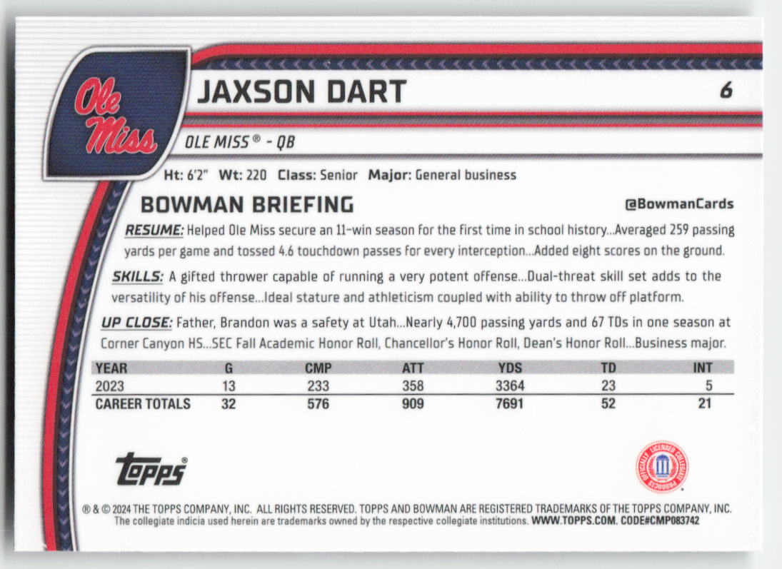 2024 Bowman University Chrome #6 Jaxson Dart Ole Miss Rebels FB1-349