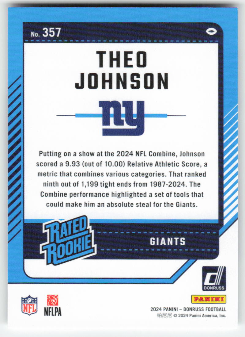 2024 Donruss #357 Theo Johnson New York Giants Rookie FB1-398