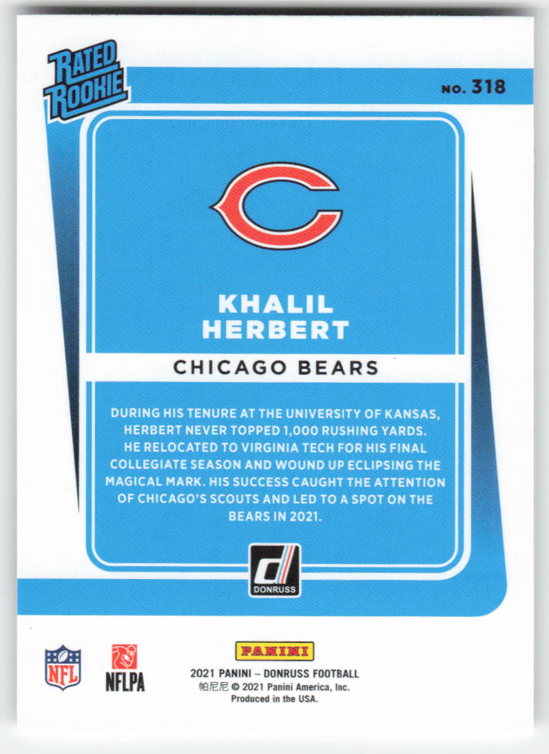 2021 Donruss #318 Khalil Herbert Chicago Bears Rookie FB1-400