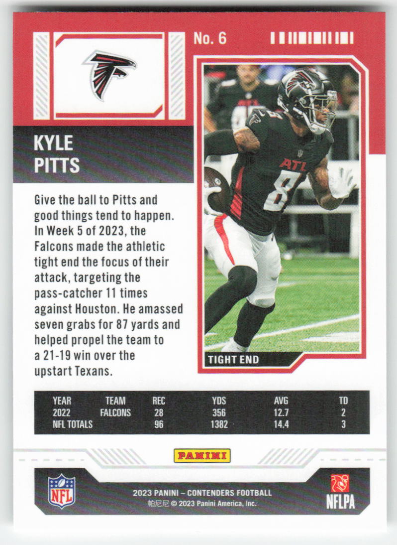 2023 Panini Contenders #6 Kyle Pitts Season Ticket Retail Falcons FB1-404