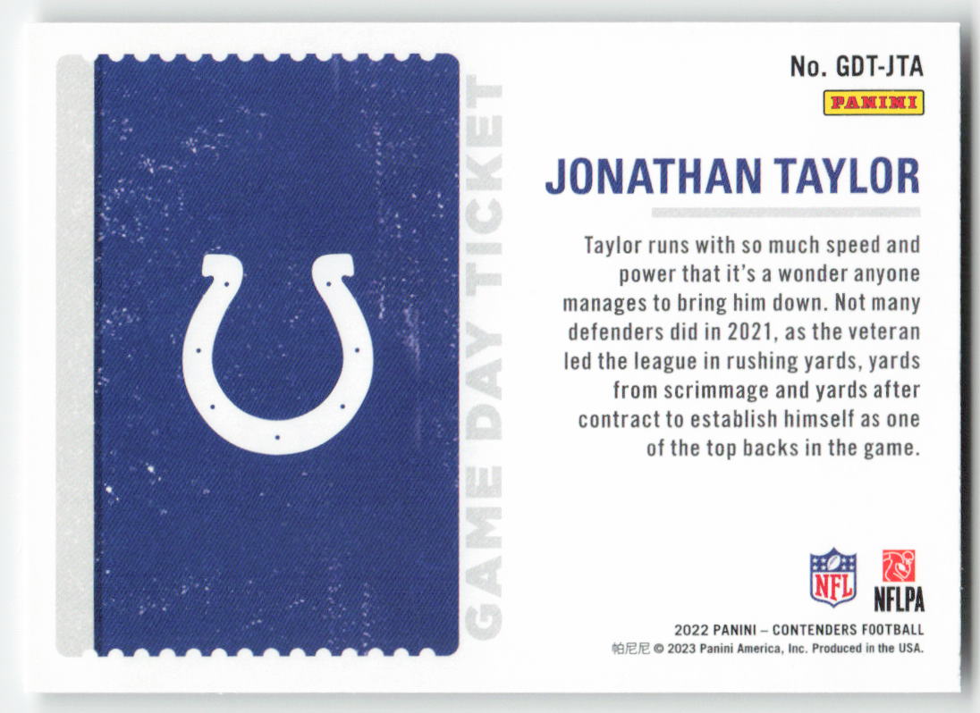 2022 Panini Contenders #GDT-JTA Jonathan Taylor Game Day Ticket Colts FB1-418