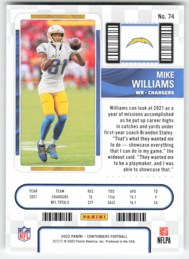 2022 Panini Contenders #74 Mike Williams Los Angeles Chargers FB1-425