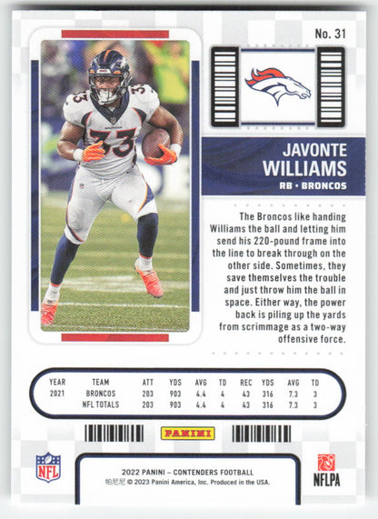 2022 Panini Contenders #31 Javonte Williams Denver Broncos FB1-426