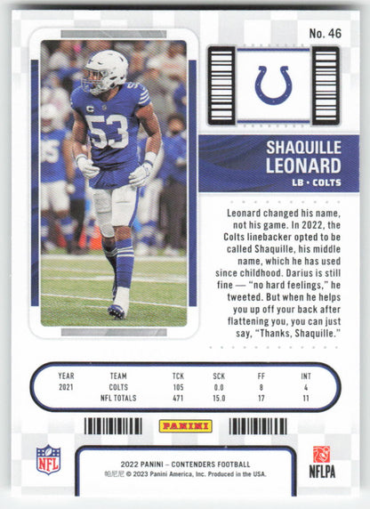 2022 Panini Contenders #46 Shaquille Leonard Indianapolis Colts FB1-428