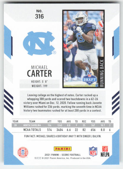 2021 Score #316 Michael Carter North Carolina Tar Heels Rookie FB1-464