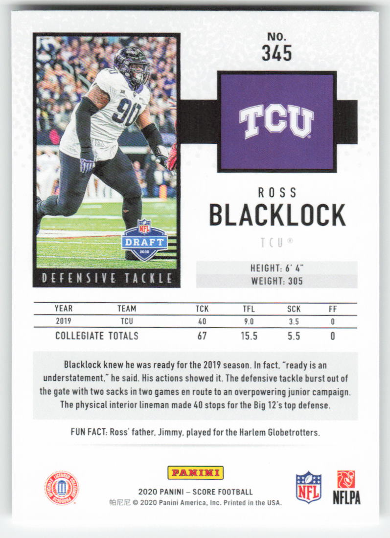 2020 Score #345 Ross Blacklock TCU Horned Frogs Rookie FB1-486
