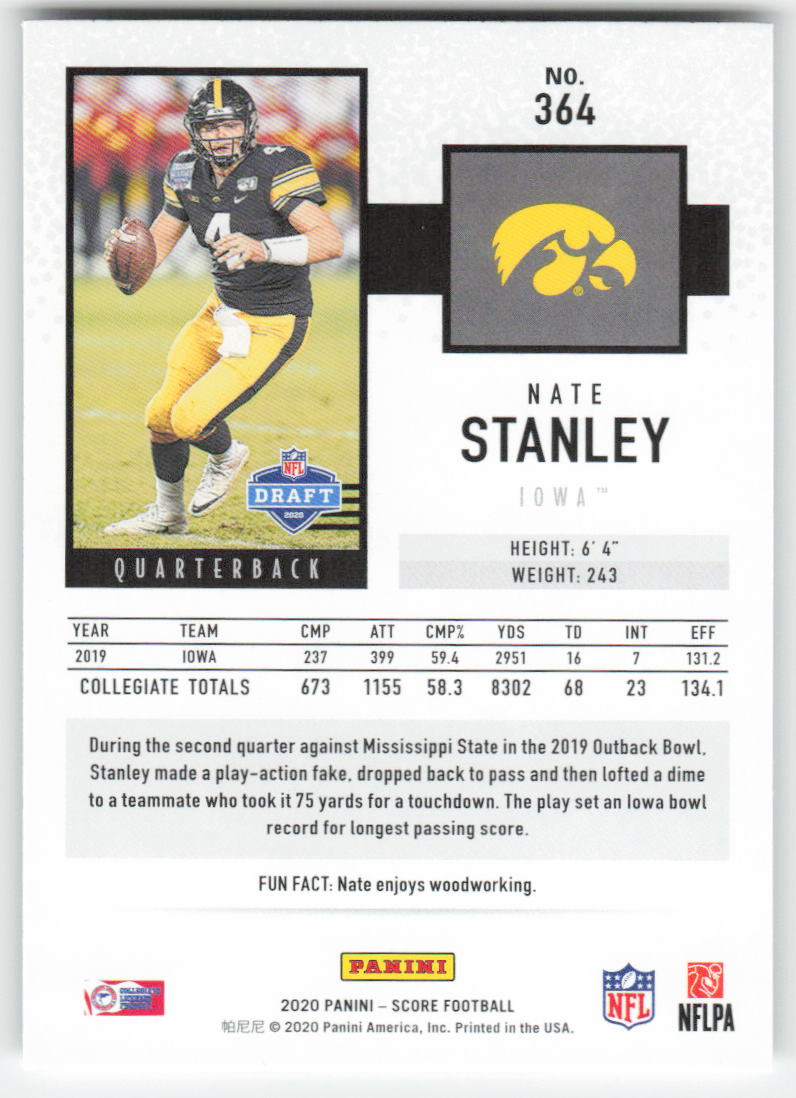 2020 Score #364 Nate Stanley Iowa Hawkeyes Rookie FB1-487