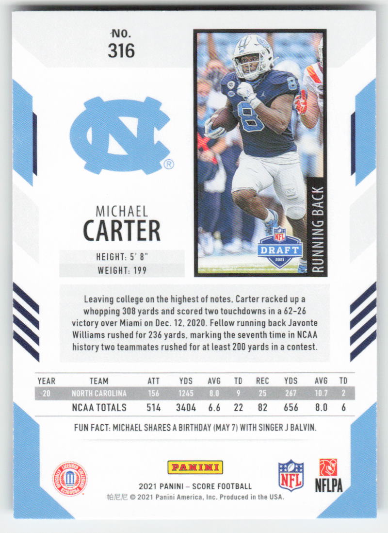 2021 Score #316 Michael Carter North Carolina Tar Heels Rookie FB1-491