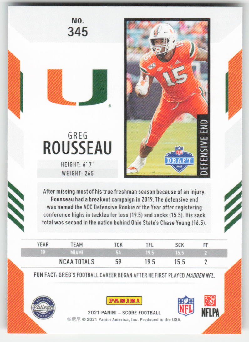 2021 Score #345 Greg Rousseau Miami Hurricanes Rookie FB1-495