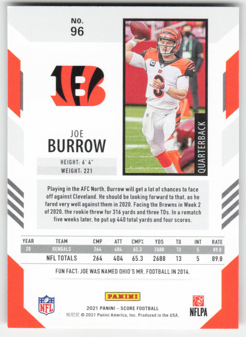 2021 Score #96 Joe Burrow Cincinnati Bengals FB1-513