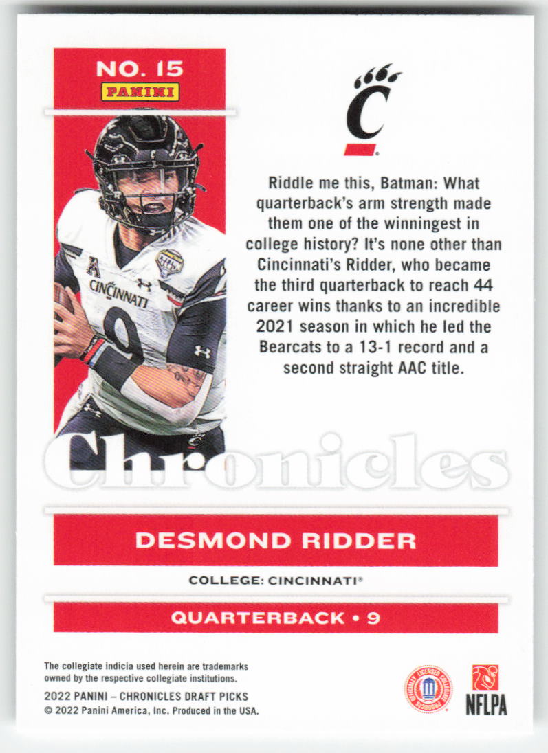 2022 Panini Chronicles Draft Picks #15 Desmond Ridder Cincinnati FB1-518