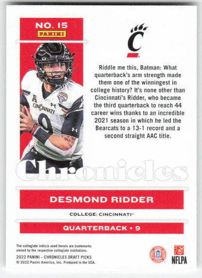 2022 Panini Chronicles Draft Picks #15 Desmond Ridder Cincinnati FB1-518