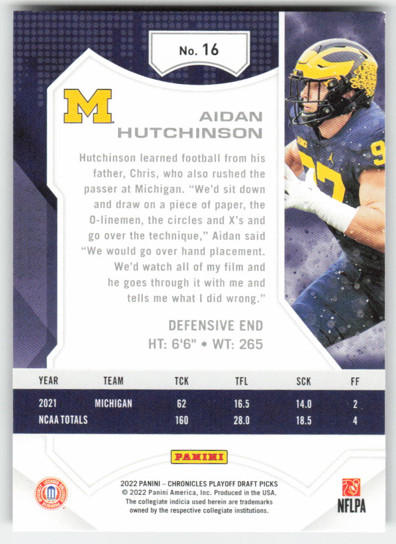 2022 Panini Chronicles Draft Picks #16 Aidan Hutchinson Playoff Michigan FB1-519