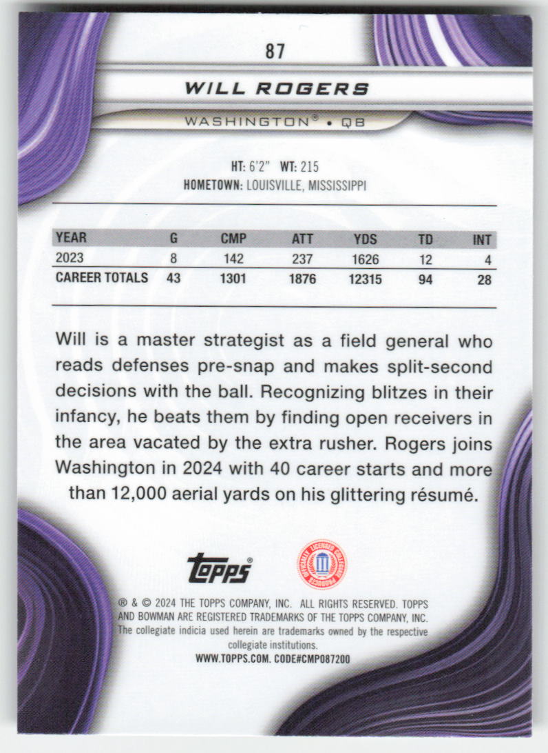 2024 Bowman University Best #87 Will Rogers Washington Huskies FB1-523