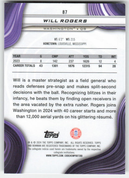 2024 Bowman University Best #87 Will Rogers Washington Huskies FB1-523