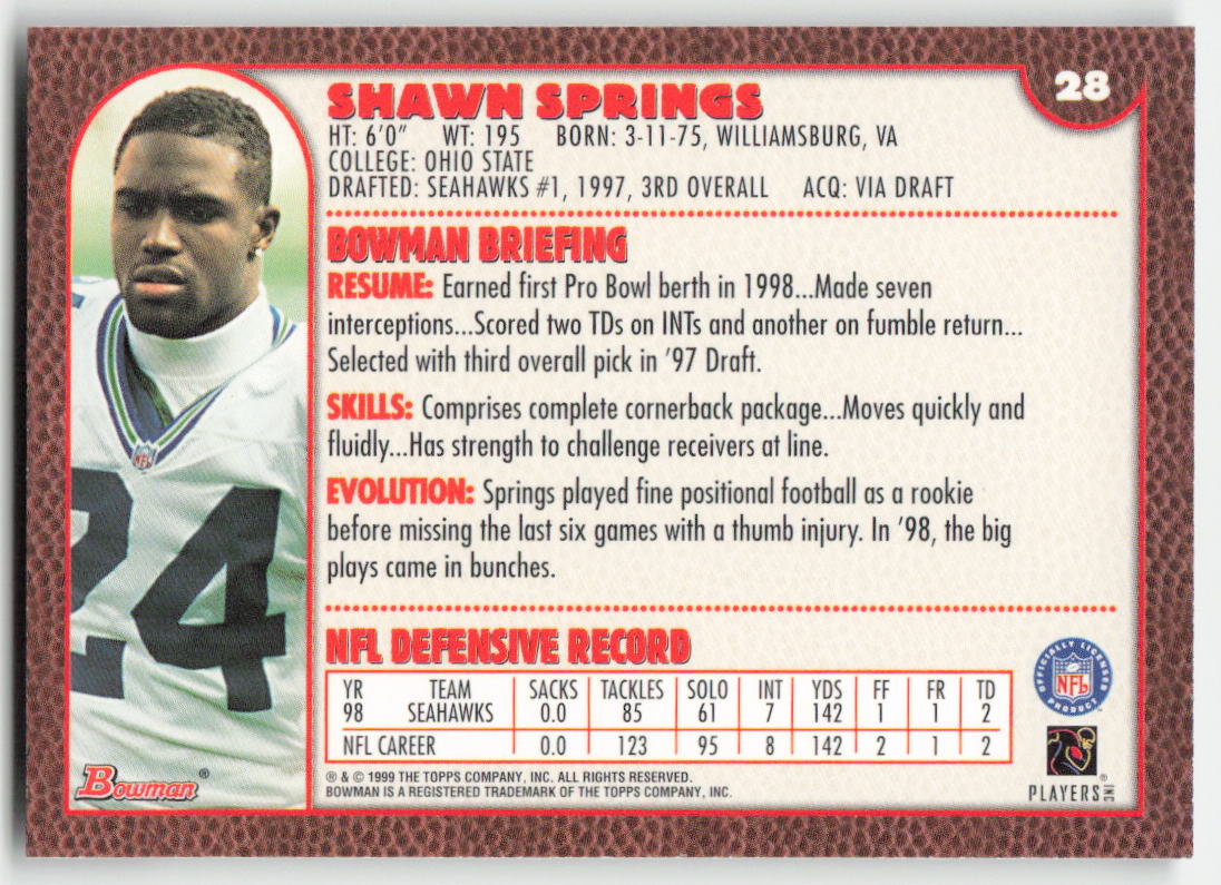 1999 Bowman #28 Shawn Springs Seattle Seahawks FB1-536