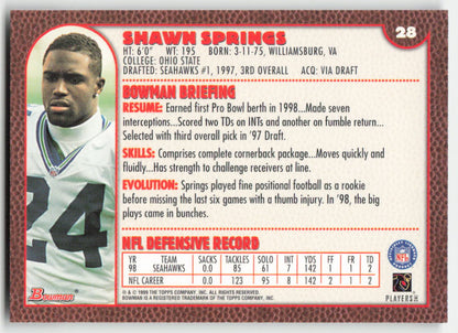 1999 Bowman #28 Shawn Springs Seattle Seahawks FB1-536