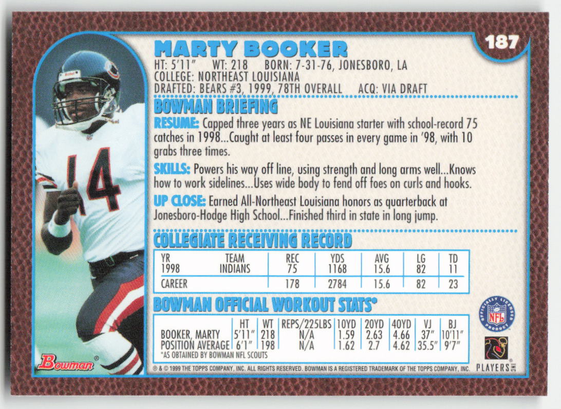 1999 Bowman #187 Marty Booker Bears Rookie FB1-539