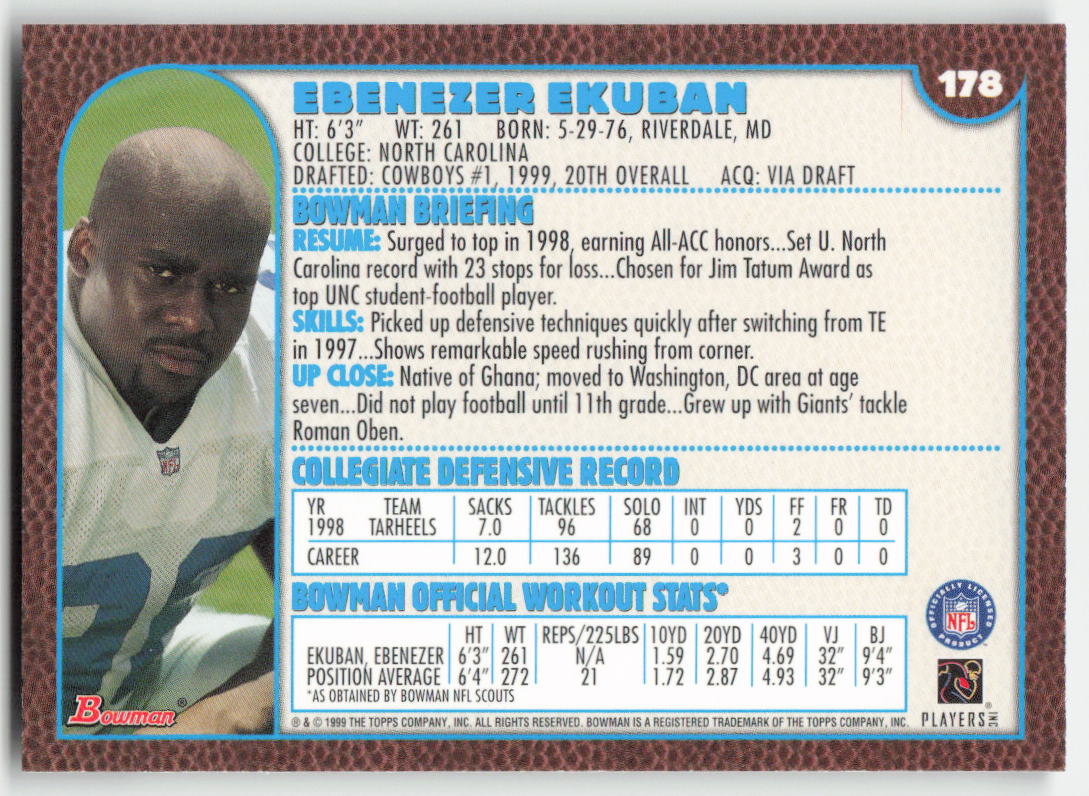 1999 Bowman #178 Ebenezer Ekuban Dallas Cowboys Rookie FB1-540