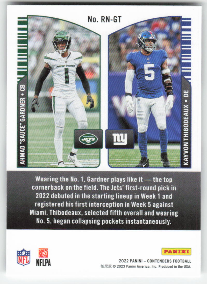 2022 Panini Contenders #RN-GT Sauce Gardner/ Thibodeaux Round Numbers NY FB1-546