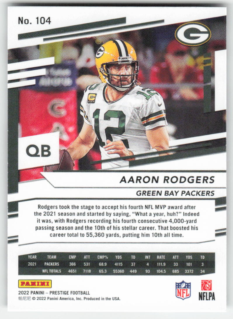 2022 Panini Prestige #104 Aaron Rodgers Green Bay Packers FB1-549