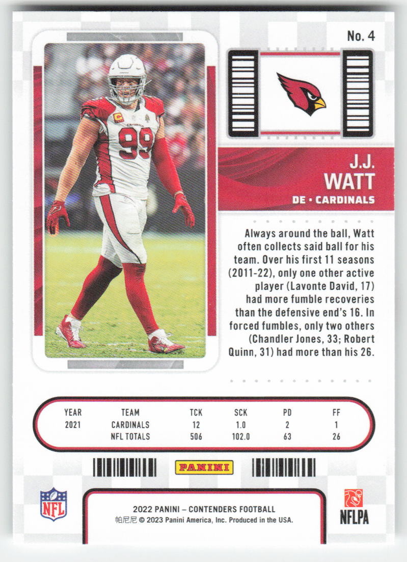 2022 Panini Contenders #4 J.J. Watt Arizona Cardinals FB1-550