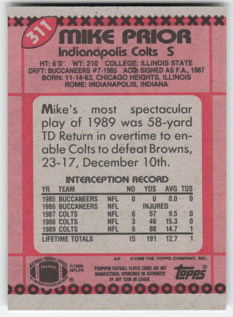 1990 Topps #311b Mike Prior Indianapolis Colts FB1-553