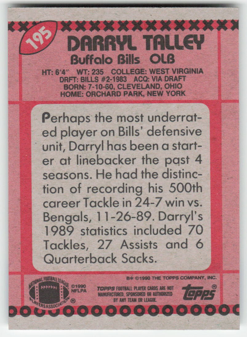 1990 Topps #195b Darryl Talley Buffalo Bills FB1-554