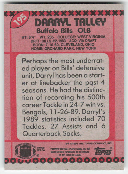 1990 Topps #195b Darryl Talley Buffalo Bills FB1-554