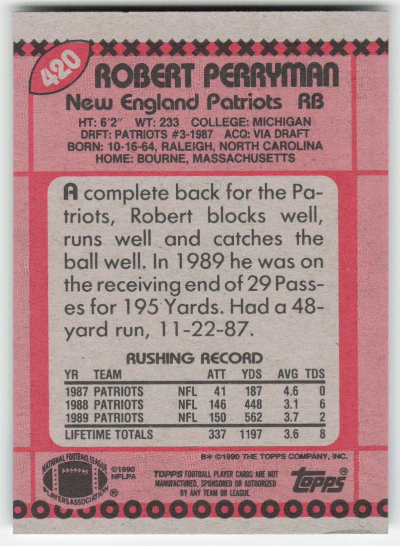 1990 Topps #420 Robert Perryman New England Patriots FB1-556