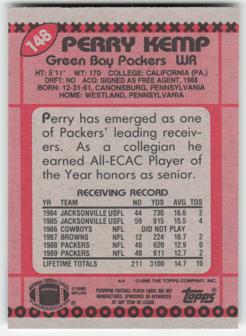 1990 Topps #148b Perry Kemp Green Bay Packers FB1-557