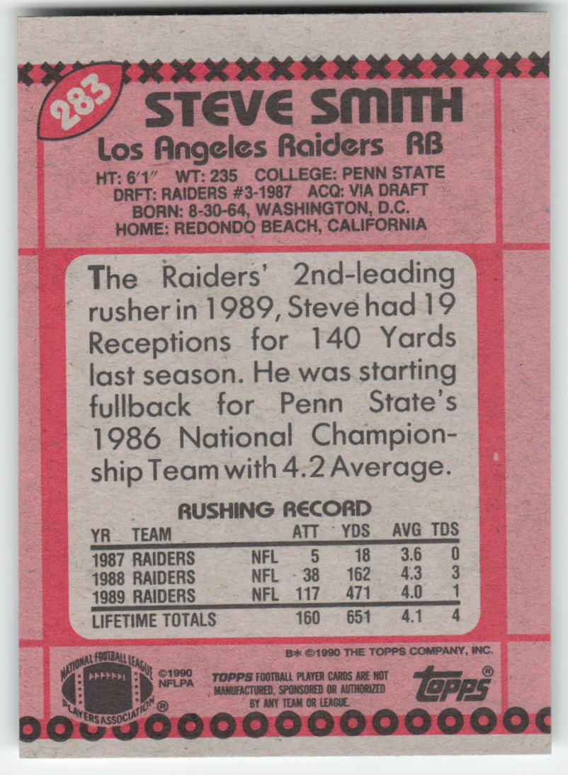 1990 Topps #283 Steve Smith Los Angeles Raiders Rookie FB1-558