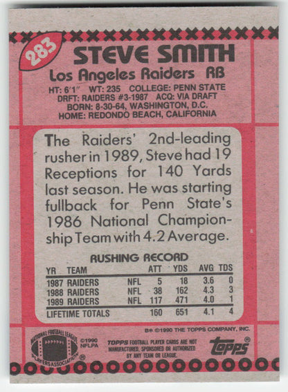 1990 Topps #283 Steve Smith Los Angeles Raiders Rookie FB1-558