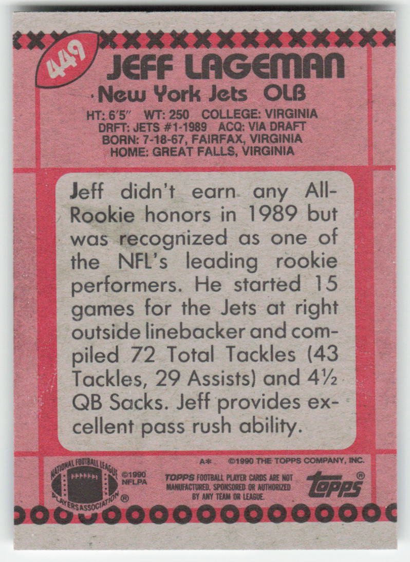 1990 Topps #449 Jeff Lageman New York Jets FB1-559