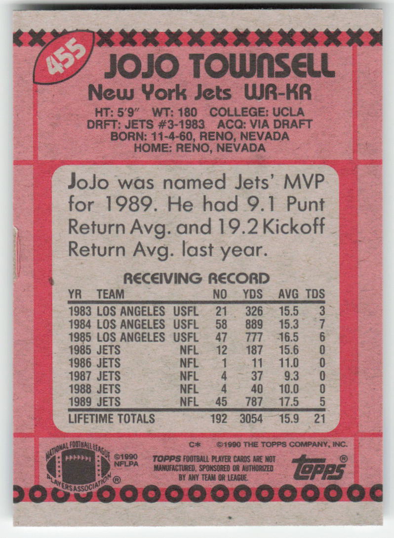 1990 Topps #455b JoJo Townsell New York Jets FB1-560