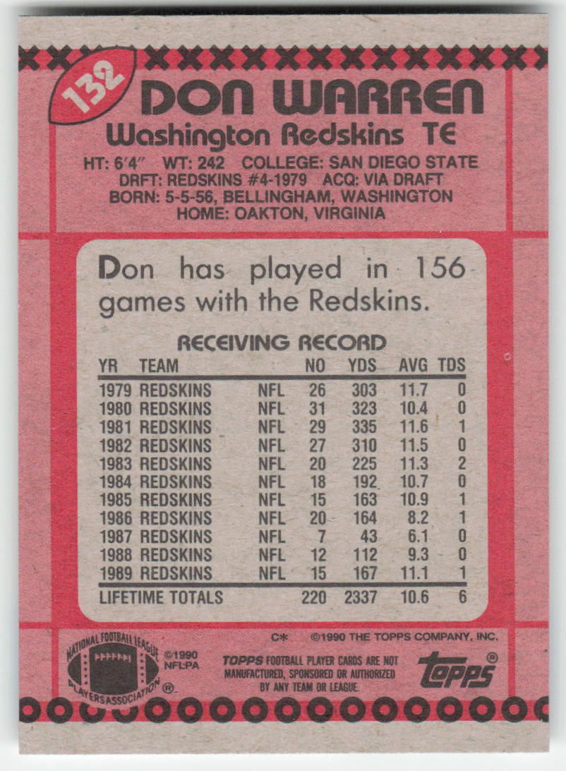 1990 Topps #132b Don Warren Washington Redskins FB1-564