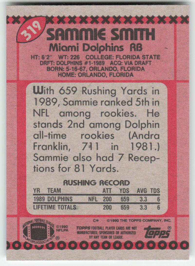 1990 Topps #319b Sammie Smith Miami Dolphins FB1-565