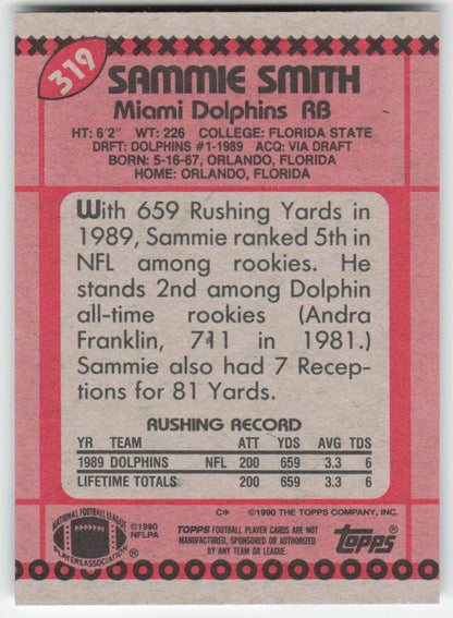 1990 Topps #319b Sammie Smith Miami Dolphins FB1-565