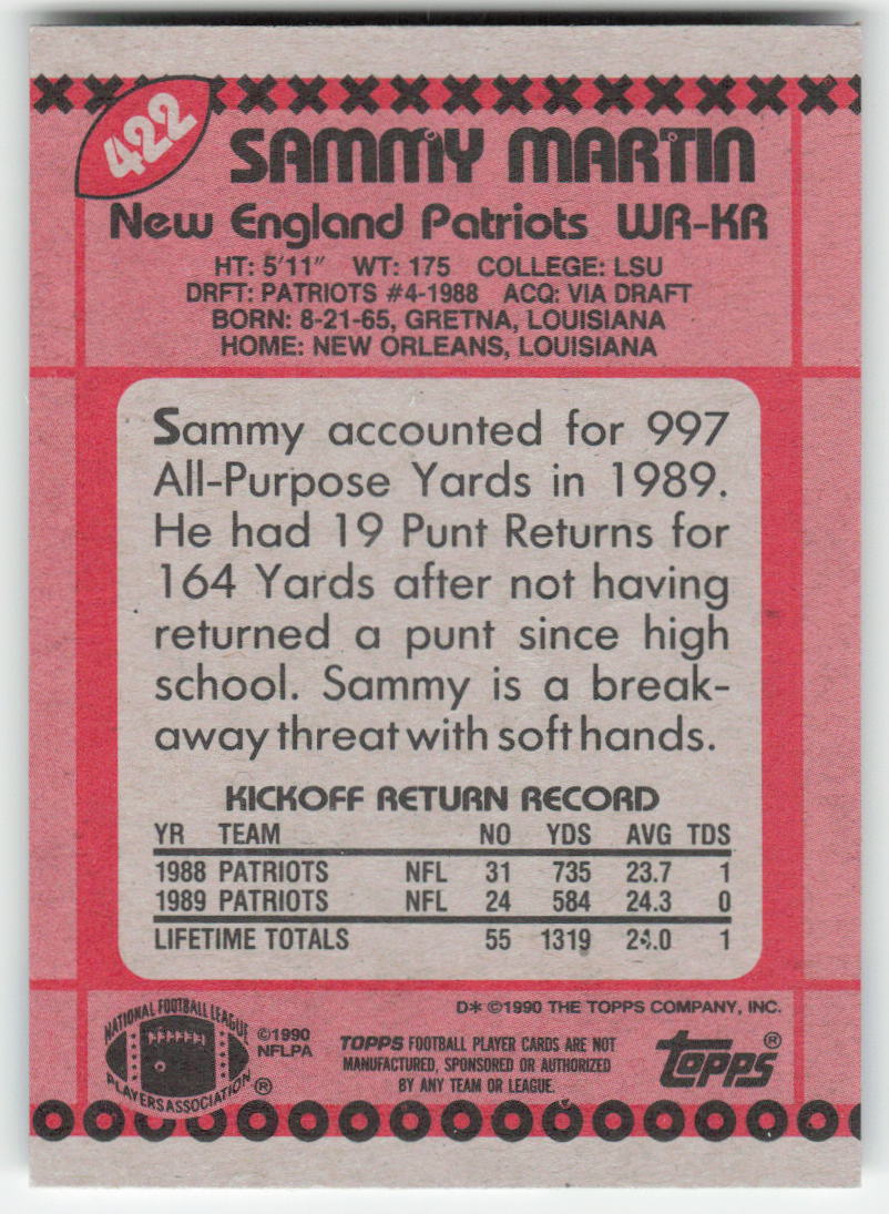 1990 Topps #422b Sammy Martin New England Patriots Rookie FB1-566