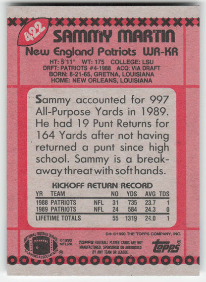 1990 Topps #422b Sammy Martin New England Patriots Rookie FB1-566