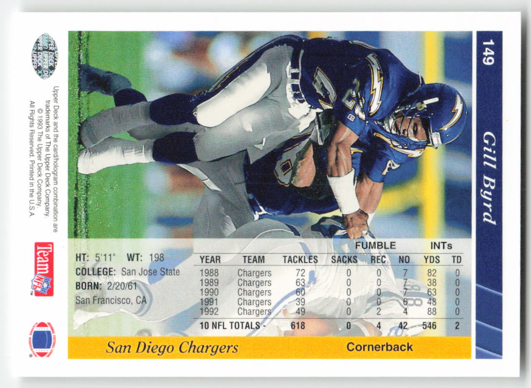1993 Upper Deck #149 Gill Byrd San Diego Chargers FB1-576