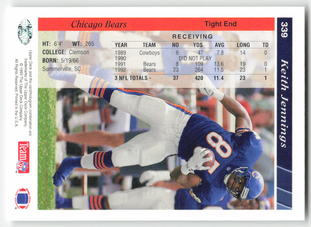 1993 Upper Deck #339 Keith Jennings Chicago Bears FB1-583