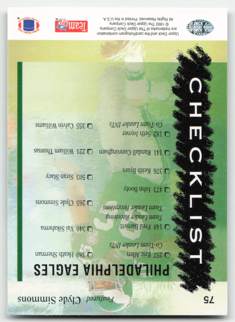 1993 Upper Deck #75 Eagles Checklist Philadelphia Eagles FB1-586