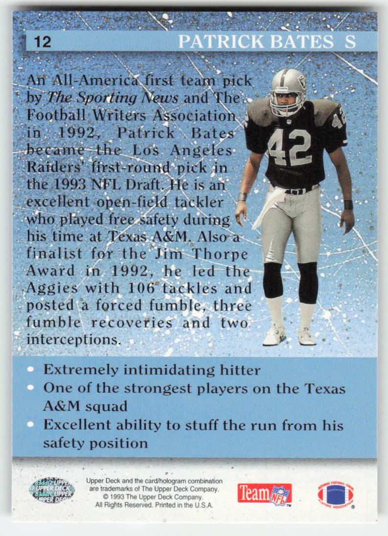 1993 Upper Deck #12 Patrick Bates Los Angeles Raiders Rookie FB1-587