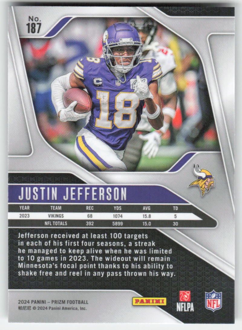 2024 Panini Prizm #187 Justin Jefferson Minnesota Vikings FB1-593