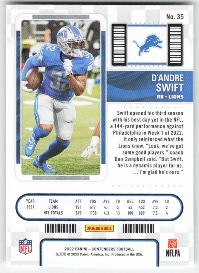 2022 Panini Contenders #35 D'Andre Swift Detroit Lions FB1-603